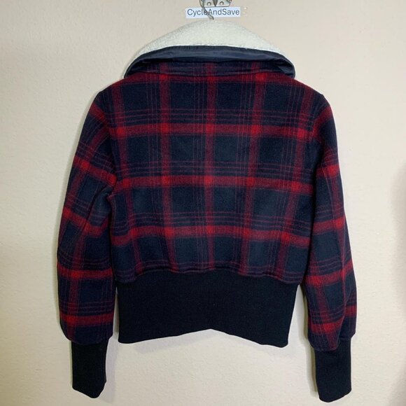 Maje Red & Navy Plaid Wool Jacket with Shearling Collar – Size 40 - Picture 3 of 6